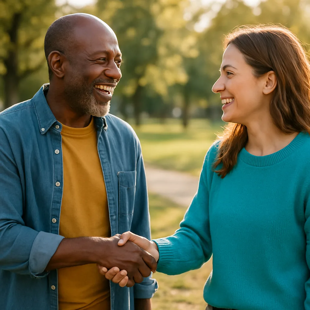 Two people meeting at a local park — genuinely local Sheffield dating