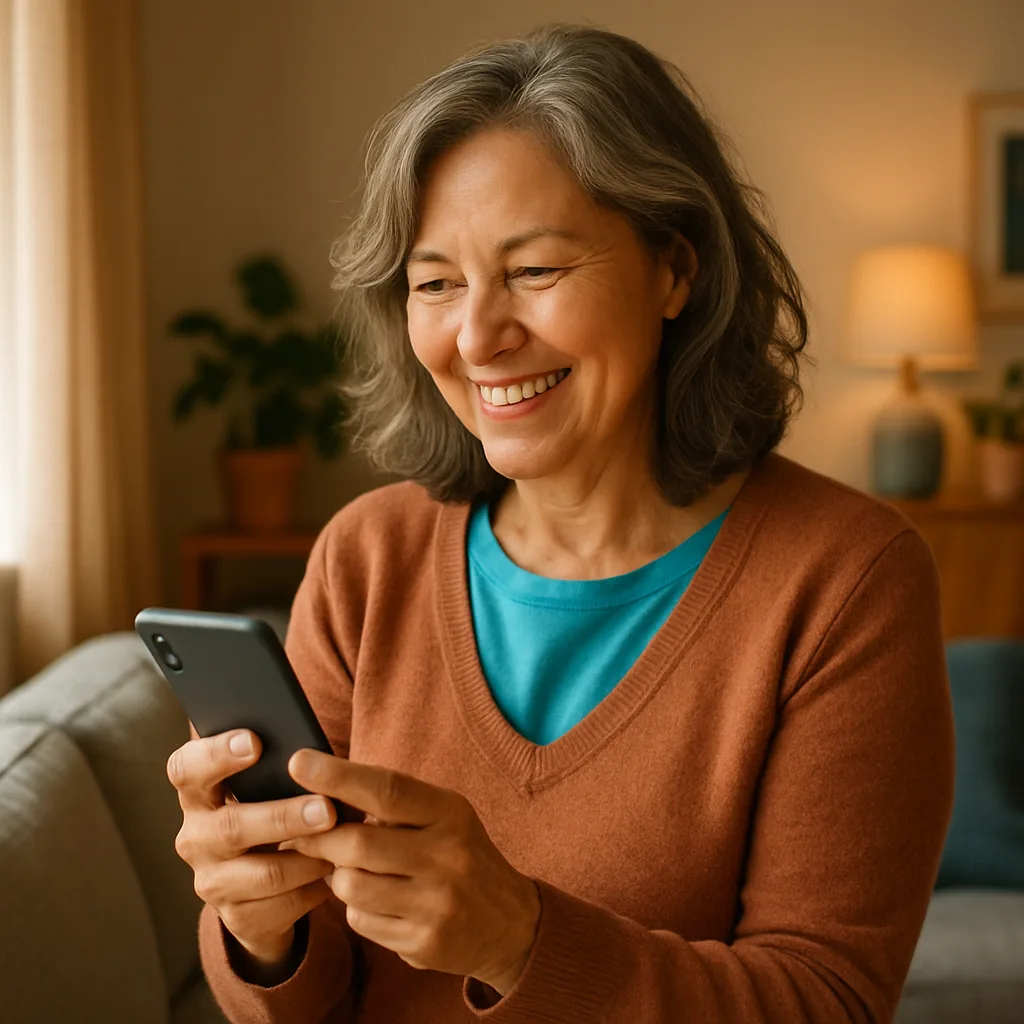 Smiling woman confidently checking her phone — verified profiles on The Sheffield Dating Site